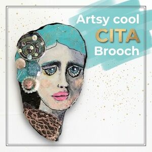 Artistic Portrait Brooch - Blue and Pink 3D accents